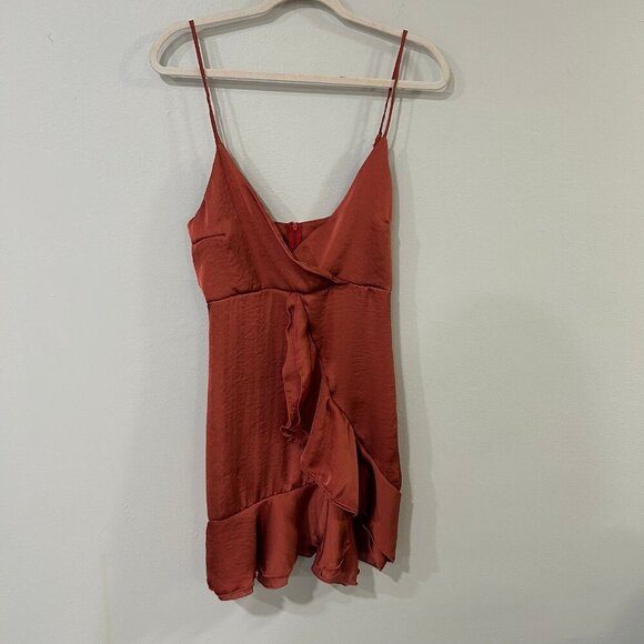 Lucy In The Sky Satin Ruffle Slip Dress Rustic Red Orange Women's Size Small - Picture 3 of 7